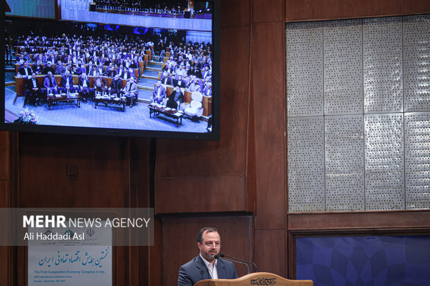سید احسان خاندوزی وزیر اقتصاد و امور دارایی در حال سخنرانی در نخستین همایش اقتصادی تعاونی ایران است