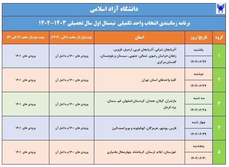 برنامه انتخاب واحد سال تحصیلی ۱۴۰۳-۱۴۰۲ دانشگاه آزاد اعلام شد