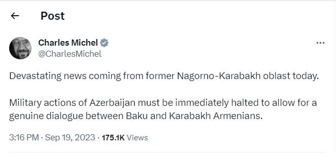 چارلز میشل: اقدامات نظامی جمهوری آذربایجان باید فورا متوقف شود