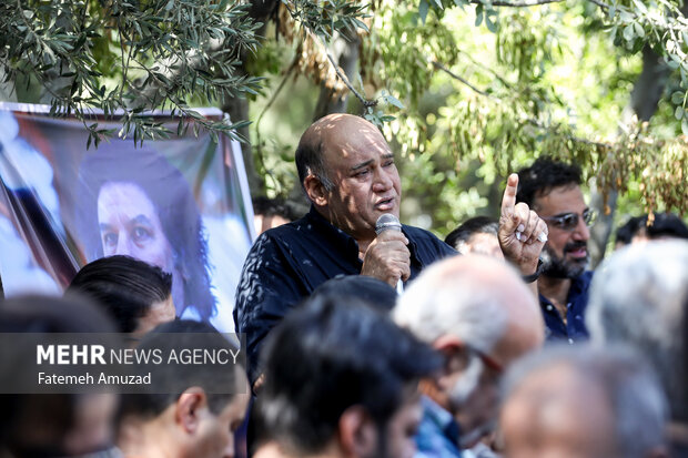 نادر سلیمانی بازیگر سینما و تلویزیون در حال سخنرانی در مراسم تشییع آرش میراحمدی است