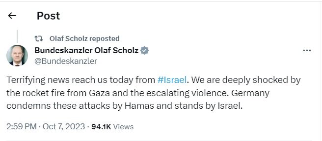 «شوکه شدن» صدراعظم آلمان از عملیات «طوفان الاقصی»