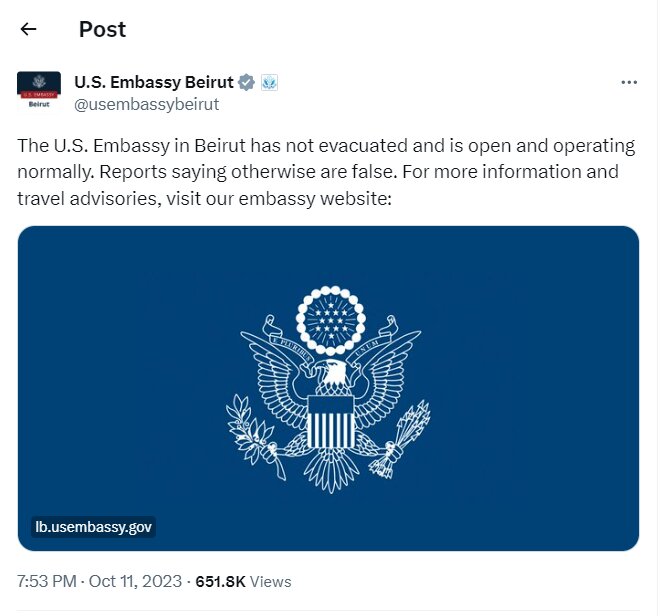 آمریکا خبر تخلیه سفارت خود در لبنان را تکذیب کرد