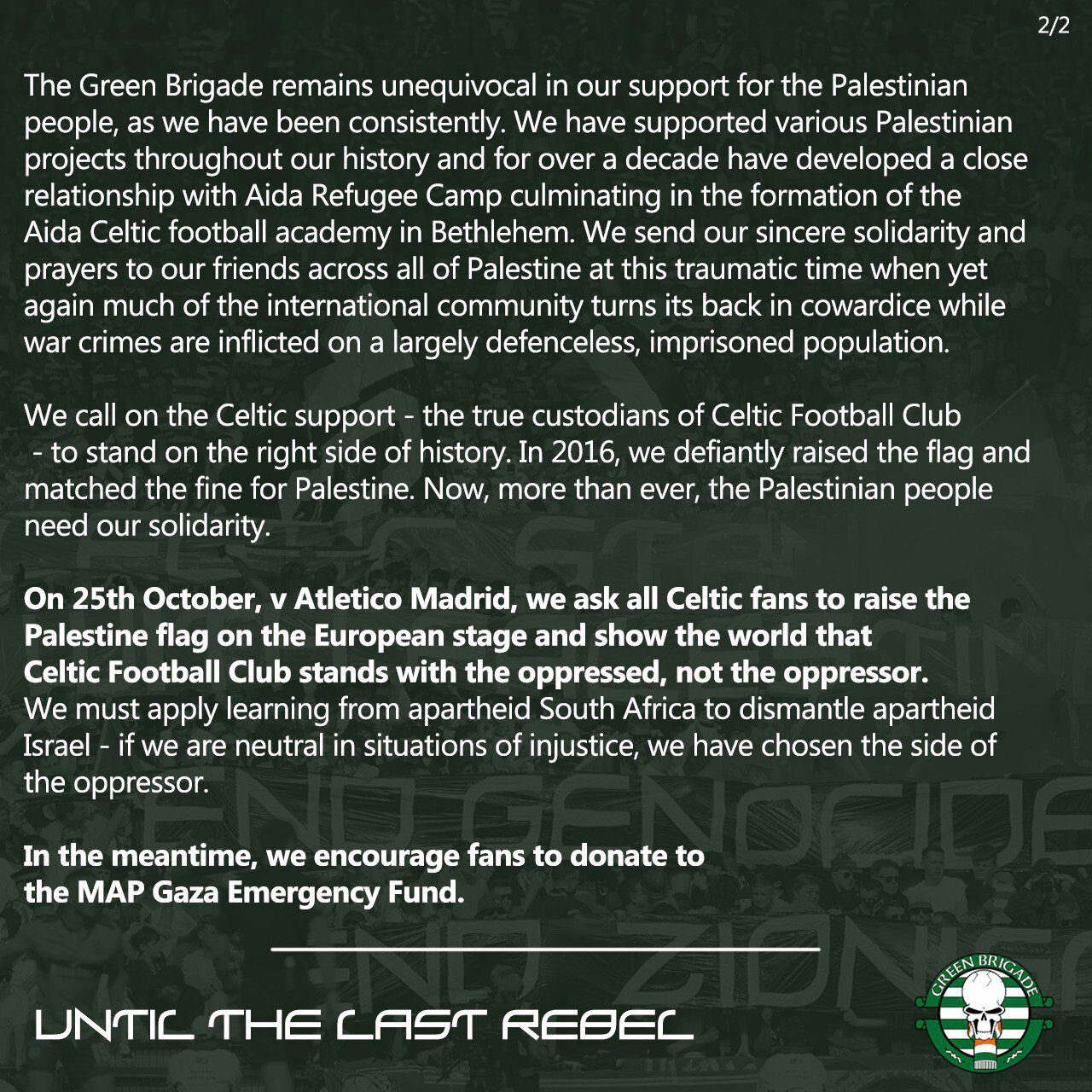 بیانیه تاریخی هواداران تیم فوتبال سلتیک در حمایت از مردم فلسطین
