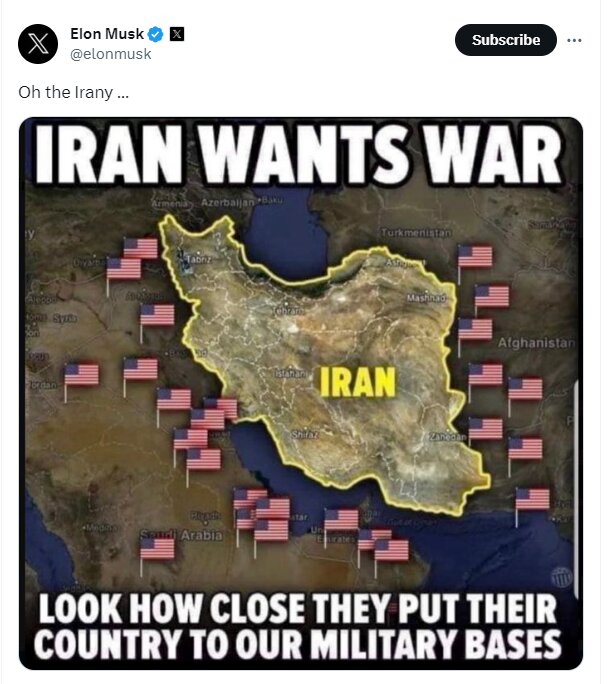  ایلان ماسک با تصویری «جنگ‌طلبی» ایران را به سخره گرفت+ عکس