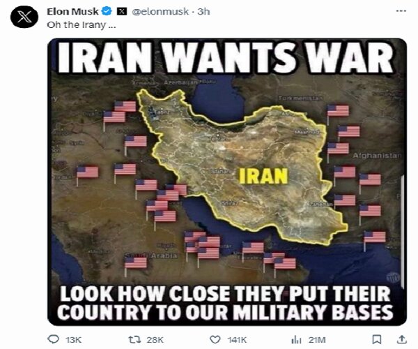 Elon Musk ridicules US claims on Iran being warmonger