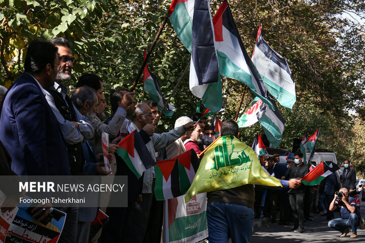 اساتید دانشگاه‌های تهران در محکومیت حملات رژیم صهیونیستی به غزه صبح امروز دوشنبه ۸ آبان ۱۴۰۲ مقابل ساختمان سازمان ملل در تهران تجمع کردند