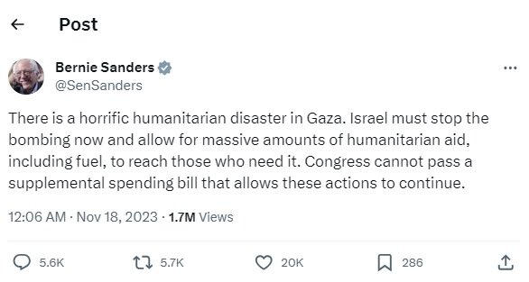 برنی سندرز: اسرائیل باید همین حالا بمباران‌ها را متوقف کند