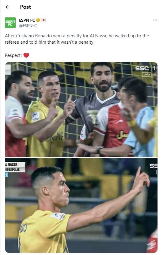 بازتاب گسترده حرکت جوانمردانه رونالدو در مقابل پرسپولیس