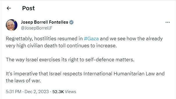 بورل: اسرائیل باید به قوانین جنگی در جنگ غزه احترام بگذارد