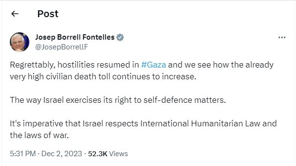 بورل: اسرائیل باید به قوانین جنگی در جنگ غزه احترام بگذارد