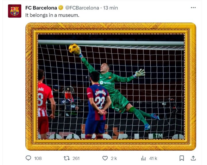 تمجید بارسلونا از عملکرد دروازهبان این تیم/ قابی برای موزه