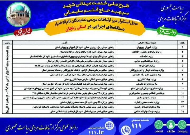محل های استقرار نمایندگان رییس‌جمهور در سفر به زنجان