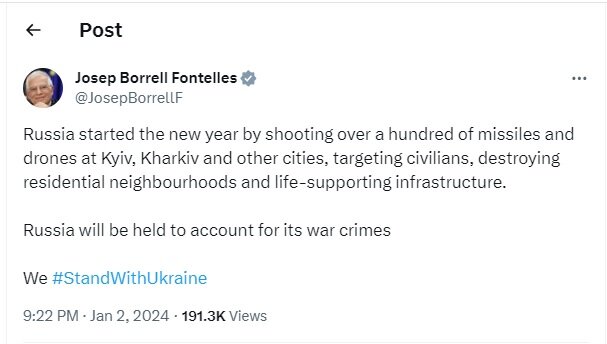 بورل:روسیه مسوول جنایات جنگی خود خواهد بود/کنار اوکراین میایستیم