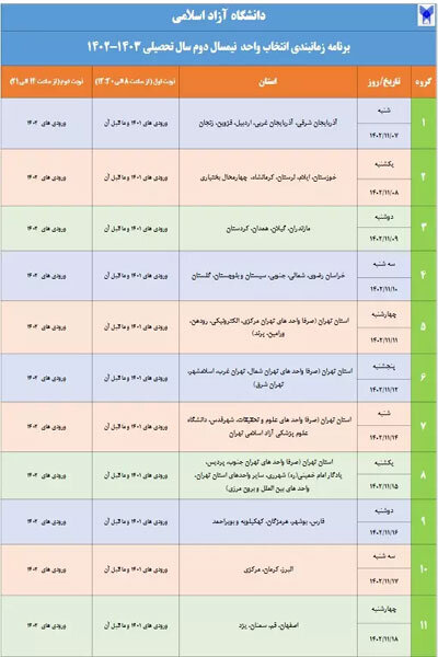 برنامه زمانبندی انتخاب واحد نیمسال دوم دانشگاه آزاد اعلام شد