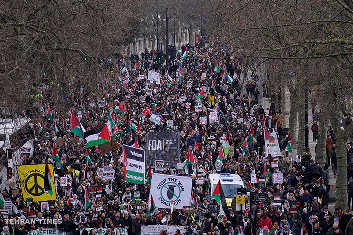 Protesters hold up banners, flags and placards during a demonstration in support of Palestinian people in Gaza, in London. [Alberto Pezzali/AP Photo]
