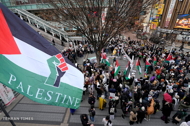 Demonstrators hold banners and wave Palestinians flags during a rally in solidarity with the Palestinian people in Tokyo, Japan. [Franck Robichon/EPA]
