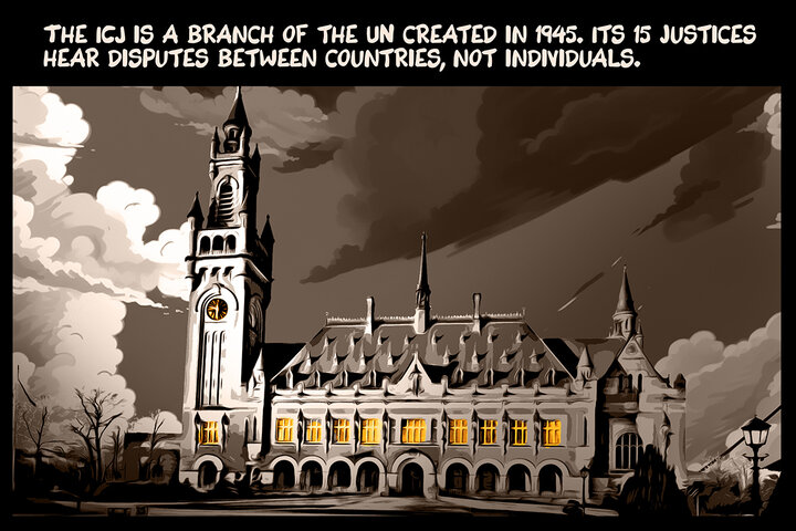 The ICJ is a branch of the UN created in 1945. Its 15 justices hear disputes between countries, not individuals.