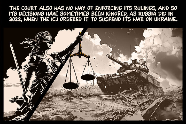 The court also has no way of enforcing its rulings, and so its decisions have sometimes been ignored, as Russia did in 2022, when the ICJ ordered it to suspend its war on Ukraine.
