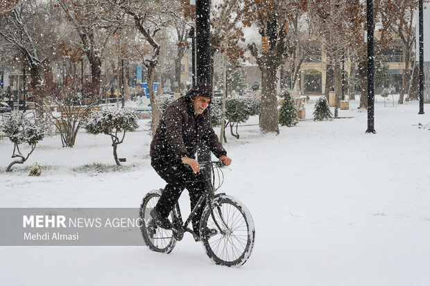 پیرمرد در حال دوچرخه سواری در یک روز برفی 