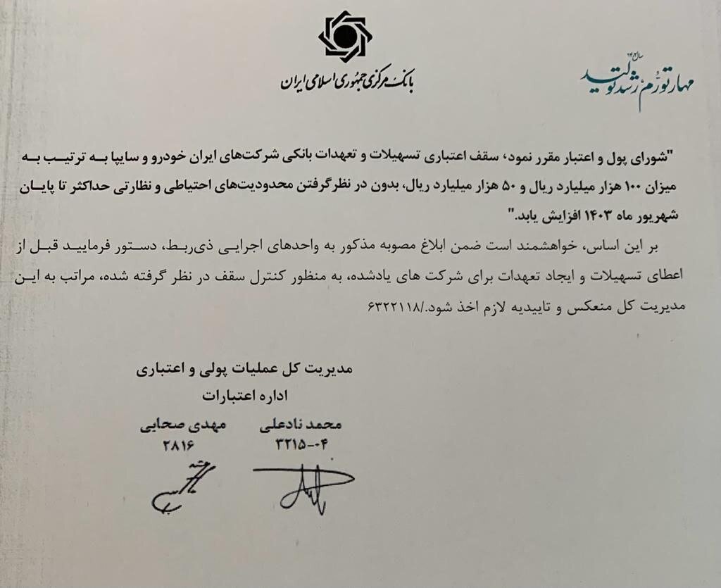 افزایش سقف اعتبارات خودروسازان به ۱۵ همت مصوب شد   سند