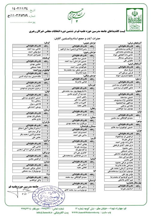 لیست نامزدهای جامعه مدرسین در انتخابات مجلس خبرگان رهبری منتشر شد