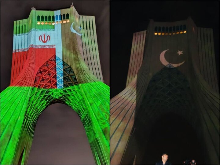تہران میں"آزادی ٹاور" پاکستانی پرچم کے رنگ میں رنگ گیا+ ویڈیو