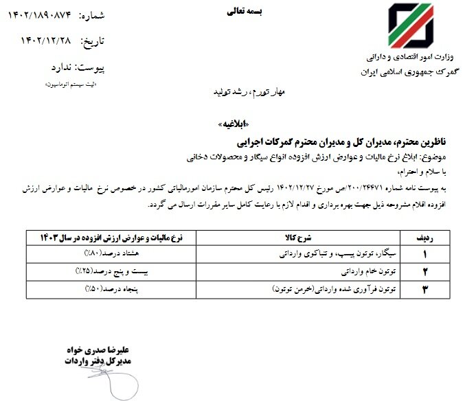 نرخ مالیات و عوارض سیگار و دخانیات ابلاغ شد نرخ مالیات و عوارض سیگار و دخانیات ابلاغ شد