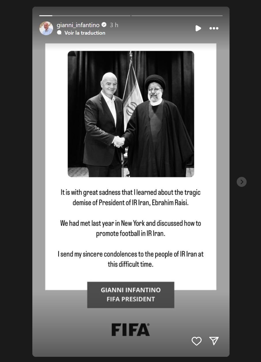 واکنش «اینفانتینو» به شهادت رئیس‌جمهور/ تسلیت به مردم ایران