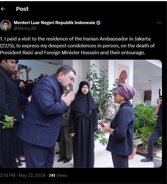 Indonesian FM pays tribute to Iran pres. Raeisi, FM