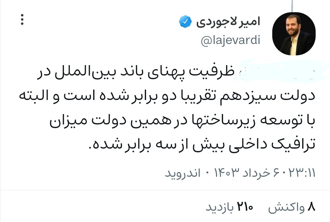 ظرفیت پهنای باند بین الملل در دولت سیزدهم ۲برابر شده است