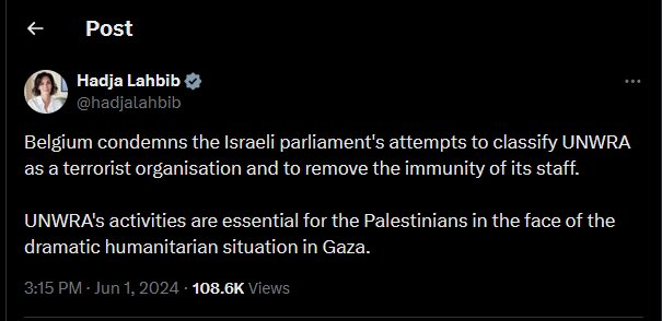 بلژیک «تروریستی» اعلام کردن «آنروا» از سوی تلآویو را محکوم کرد