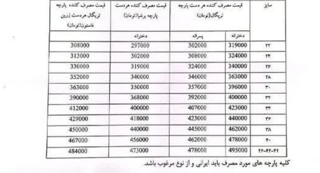 فروش لباس فرم دانش آموزان باید مطابق با نرخنامه باشد