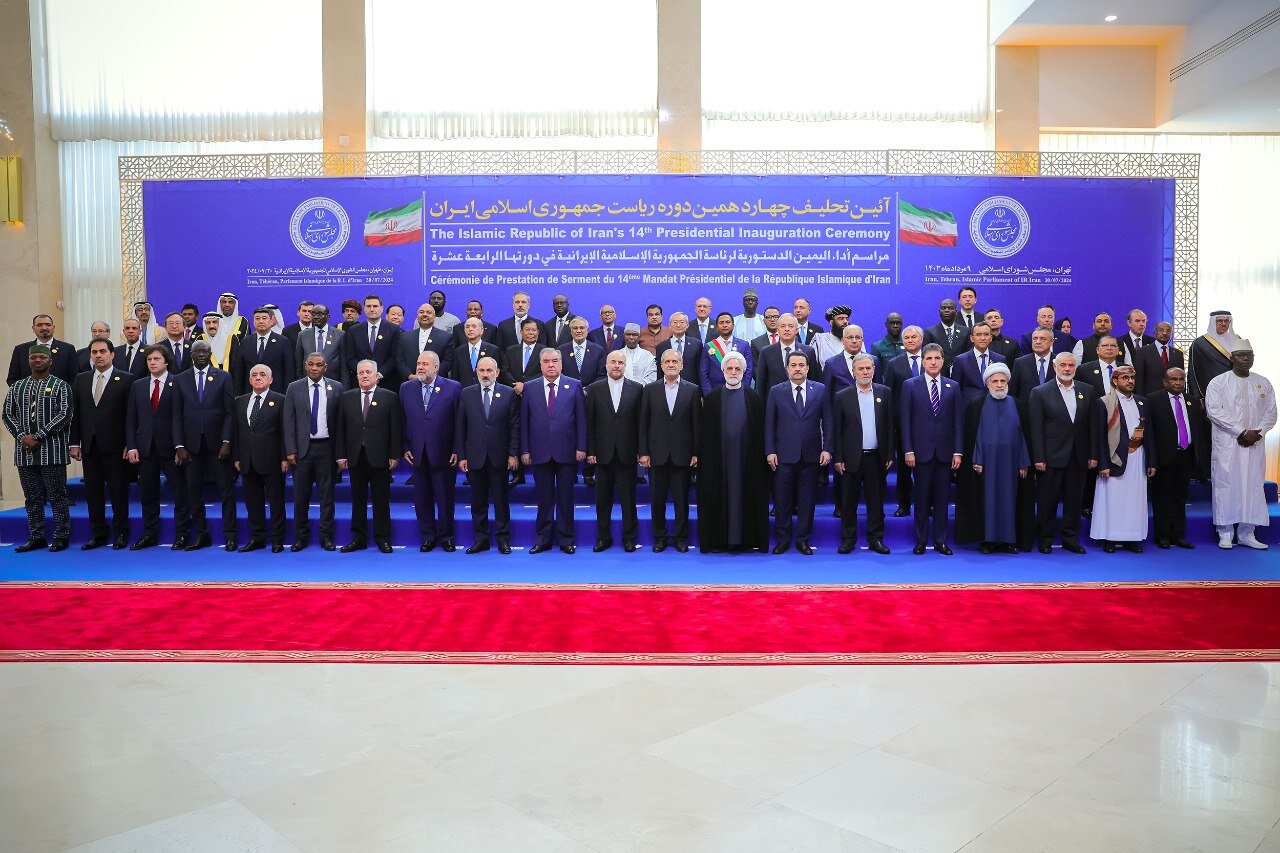 "Masoud Pezeshkian taking a photo with the participating guests at the inauguration ceremony of the fourteenth presidential term, which was held on July 30, 2024, at the Parliament of the Islamic Republic of Iran."