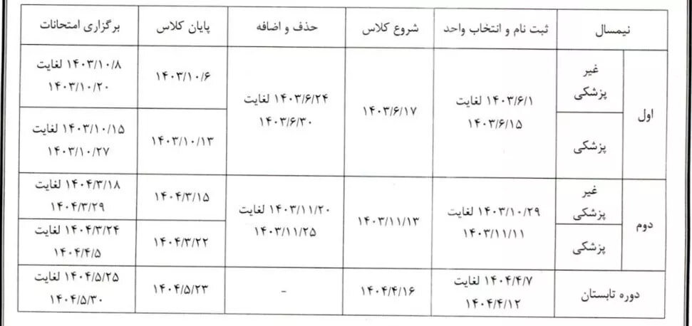 تقویم آموزشی سال تحصیلی ۱۴۰۴ ـ ۱۴۰۳ دانشگاه آزاد اسلامی اعلام شد