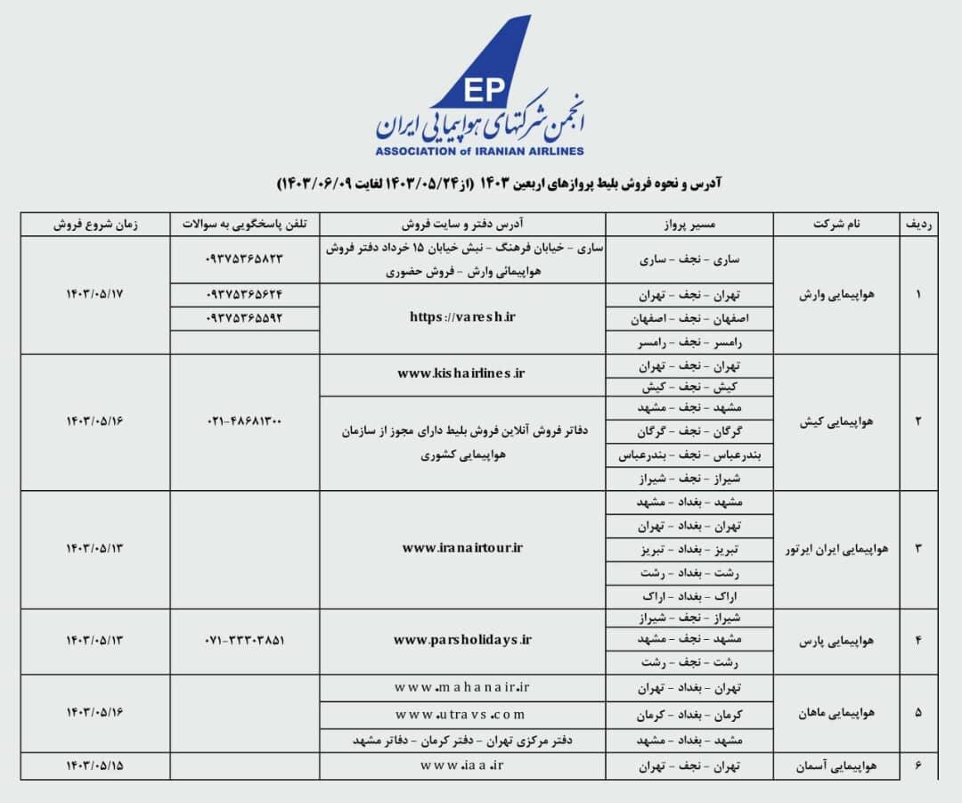 شرایط پیش‌فروش بلیت پروازهای اربعین ۴ ایرلاین مشخص شد