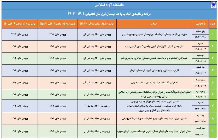 برنامه زمانبندی انتخاب واحد دانشجویان دانشگاه آزاد اعلام شد