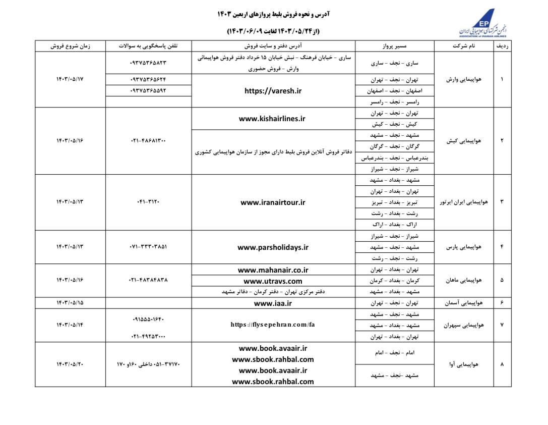 شرایط فروش بلیت پروازهای اربعین در ایرلاین‌های داخلی اعلام شد