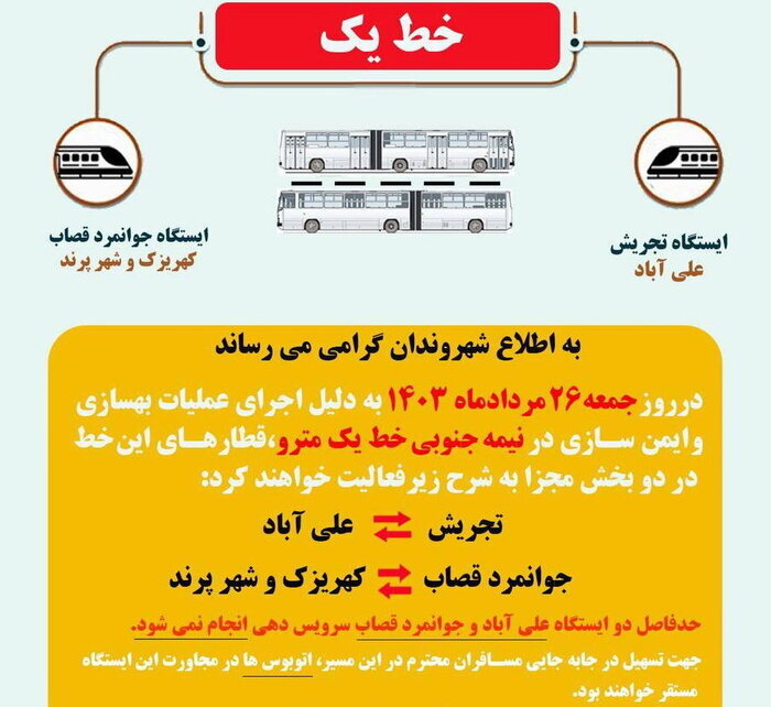 خدماترسانی به مسافران خط یک مترو طی امروز در ۲ بخش جداگانه