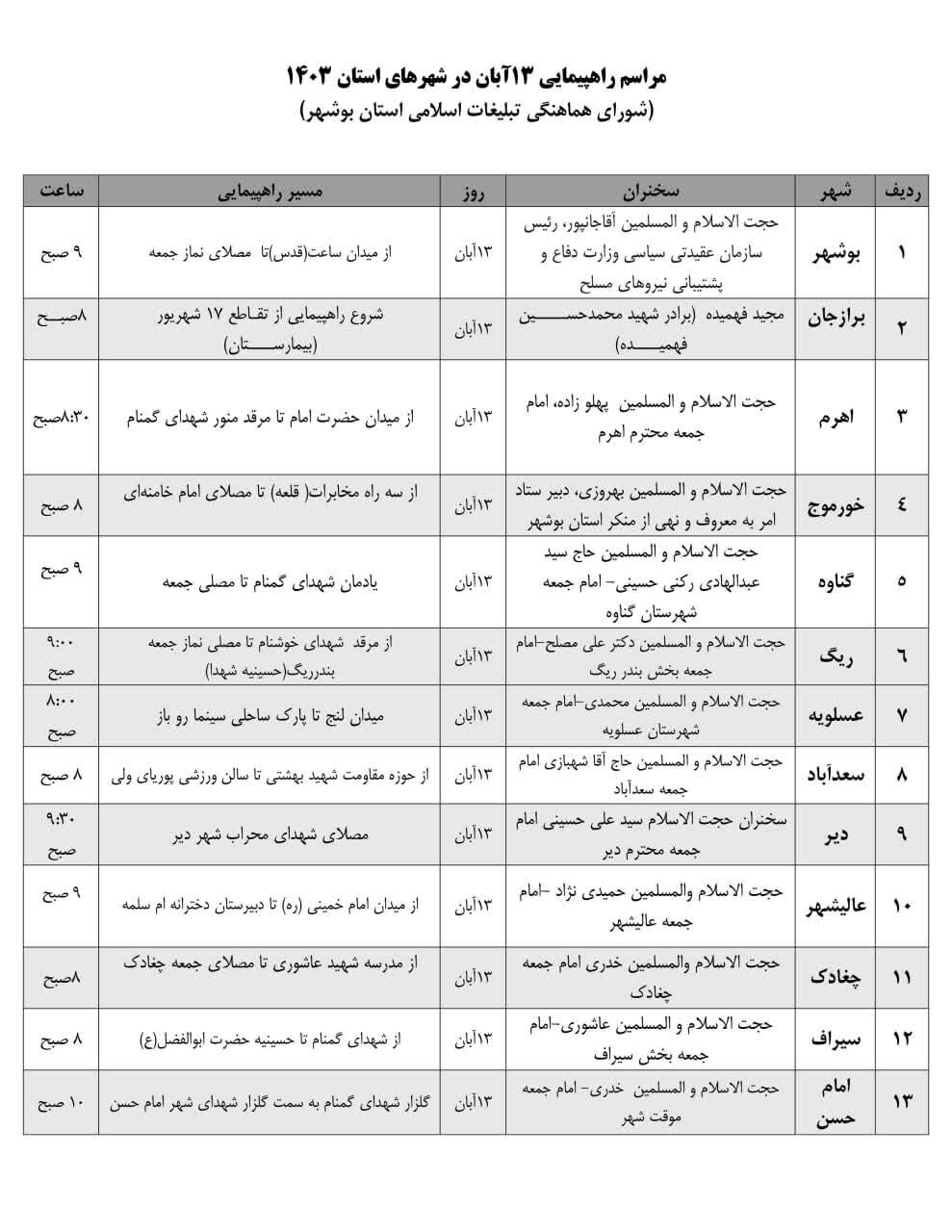 مسیر راهپیمایی ۱۳ آبان در شهرهای استان بوشهر مشخص شد