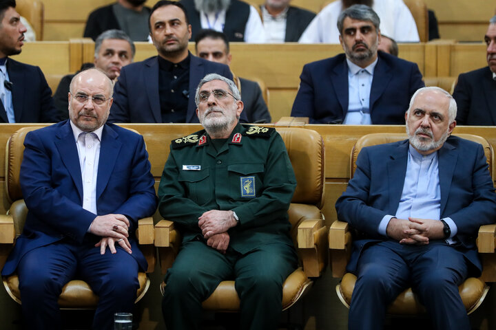 سردار اسماعیل قاآنی و محمدباقر قالیباف و محمدجواد ظریف در اجلاس بین المللی بزرگداشت شهید مقاومت