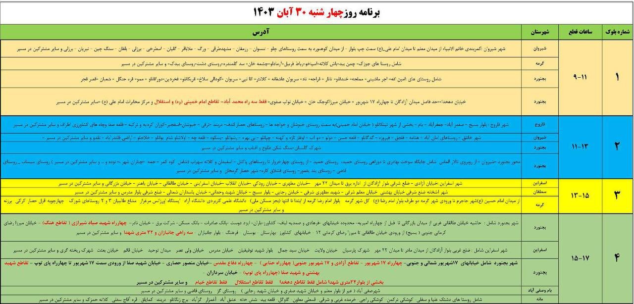 برنامه قطعی برق در شهرهای خراسان شمالی اعلام شد+ جدول برنامه قطعی برق در شهرهای خراسان شمالی اعلام شد+ جدول