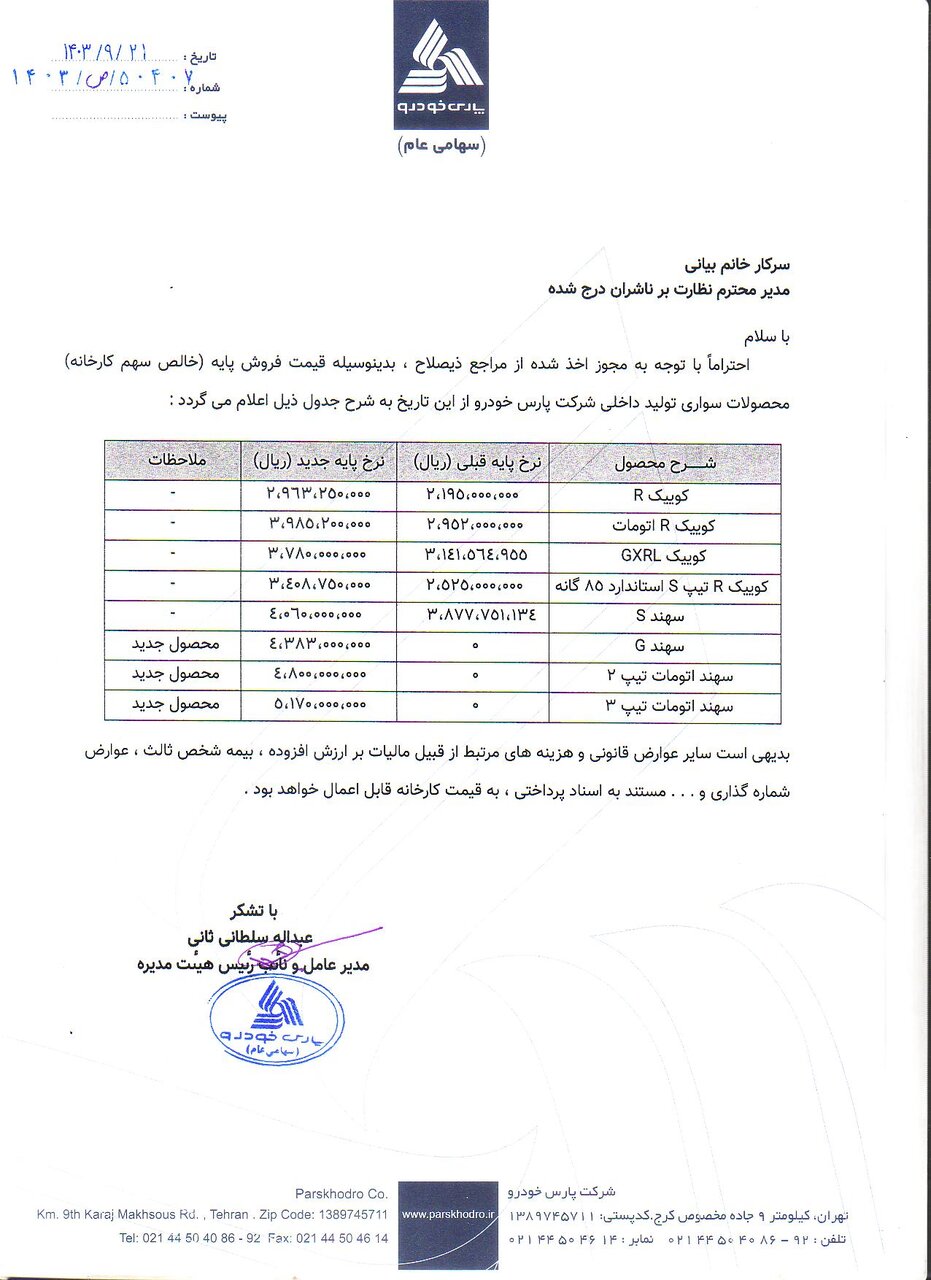 قیمت جدید محصولات پارس خودرو اعلام شد+ جدول