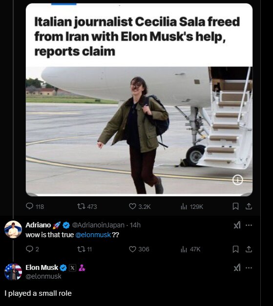 ادعای ایلان ماسک: من نقش کوچکی در آزادی خبرنگار ایتالیایی بازداشتشده در ایران داشتم