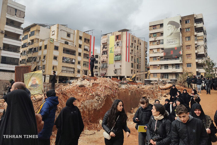 Foreign visitors gather around Nasrallah’s martyrdom site ahead of massive funeral