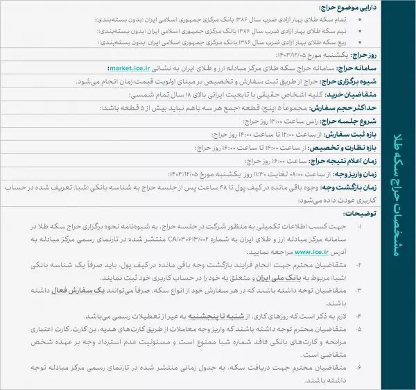 یکشنبه حراج سکه برگزار میشود؛ مهلت واریز وجه از ساعت ۸ تا ۱۱:۳۰ یکشنبه حراج سکه برگزار میشود؛ مهلت واریز وجه از ساعت ۸ تا ۱۱:۳۰
