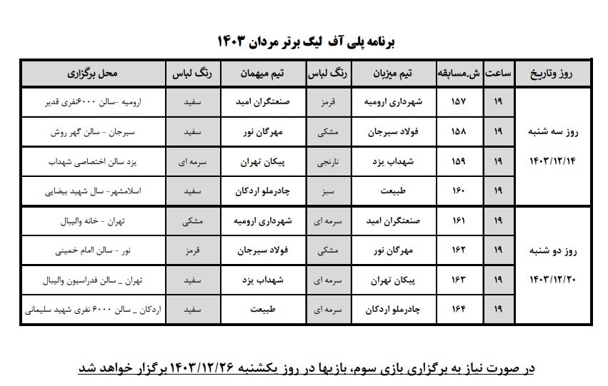 برنامه مرحله پلی آف لیگ برتر والیبال اعلام شد برنامه مرحله پلی آف لیگ برتر والیبال اعلام شد