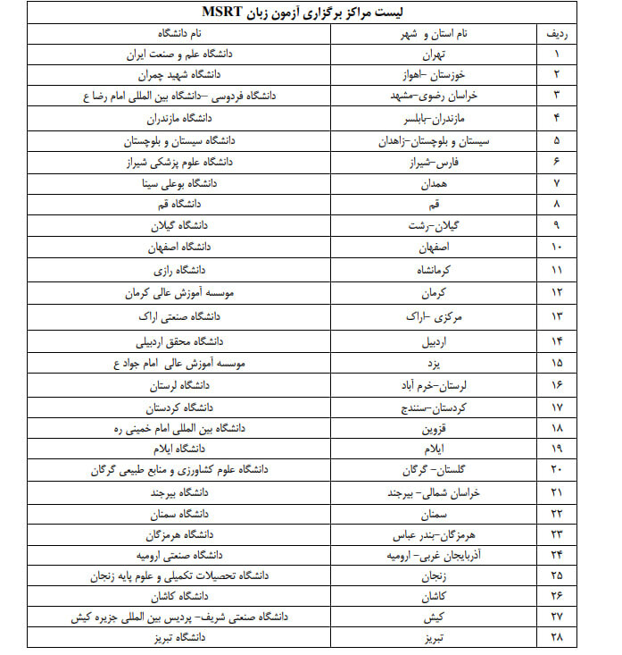 مراکز برگزاری آزمون زبان msrt معرفی شدند 2