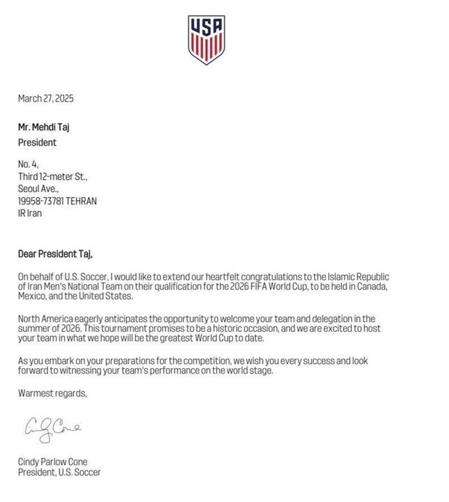 فدراسیون فوتبال آمریکا صعود ایران به جامجهانی را تبریک گفت فدراسیون فوتبال آمریکا صعود ایران به جامجهانی را تبریک گفت