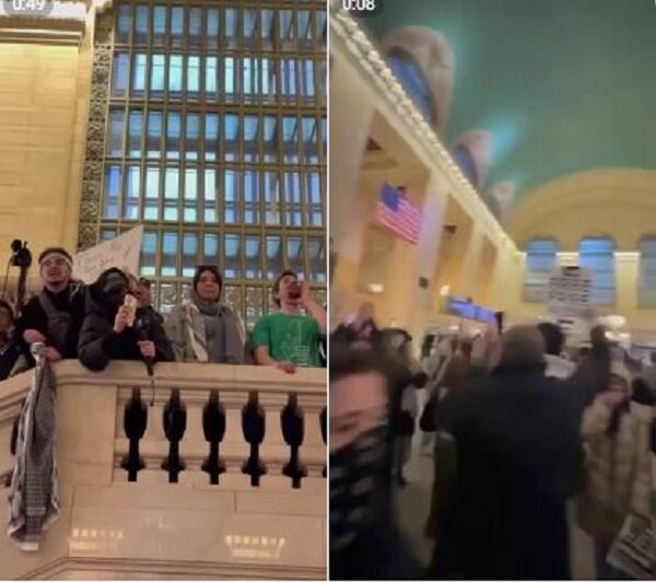 معترضان حامی فلسطین یک محل پر رفت و آمد در نیویورک را بستند+فیلم