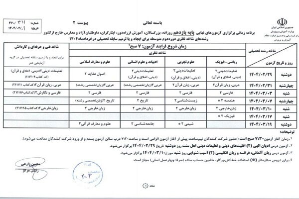 برنامه امتحانات نهایی منتشر شد؛ شروع آزمونها از ۲۸ اردیبهشت